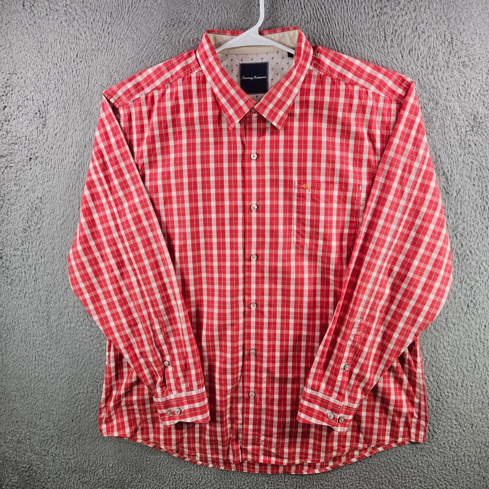 Tommy Bahama Mens XXL Red White Gingham Pima Cotton Long Sleeve Button Up Shirt